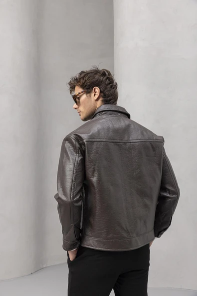 Denzel Düğmeli Yan Cepli Deri Görünümlü Erkek Ceket - Kahve - Resim 6