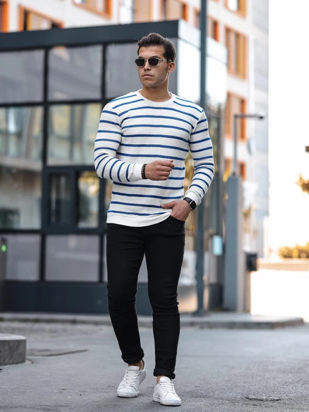 Yatay Şeritli Bisiklet Yaka Kazak - Mavi - Resim 4