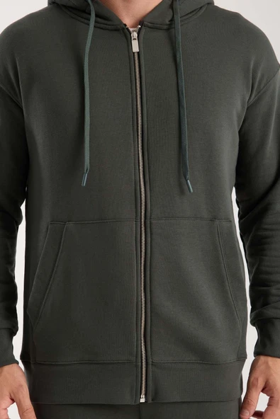 Haneke Regular Kalıp Diagonal 3 İplik Fermuarlı Kapüşonlu Erkek Sweatshirt - Çam Yeşili - Resim 3