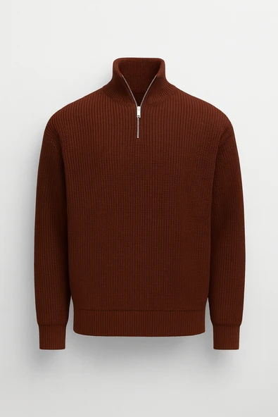 Nolan Oversize Selanik Örgü Yarım Fermuar Erkek Triko Kazak - Kahve ürün görseli 1