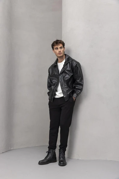 Bomber Oversize Kalıp Deri Görünümlü Yan Cepli Erkek Ceket - Siyah - 7