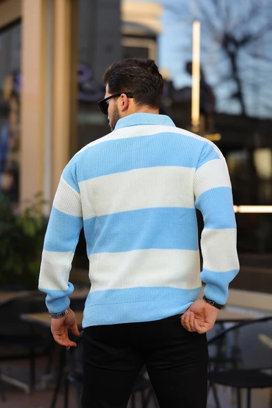 Düğmeli Polo Yaka Yarım Oversize Çizgili Triko Kazak - Mavi - 4