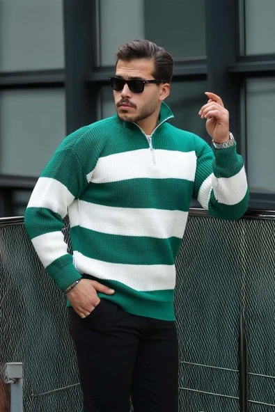 Pedro Oversize Çizgili Selanik Örgülü Yarım Fermuar Triko Erkek Kazak - Yeşil - Resim 2
