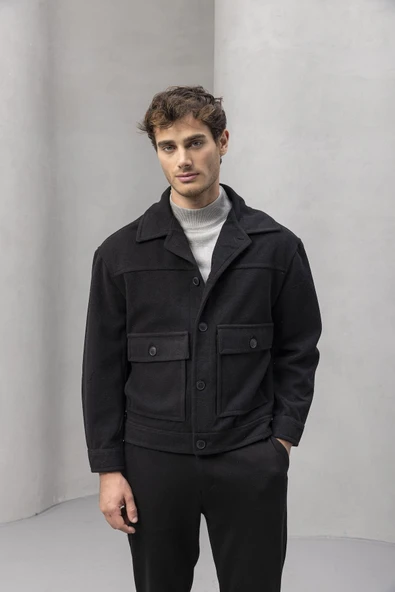 Gaspar Kaşe Kumaş Düğmeli Rahat Kalıp Erkek Ceket - Siyah