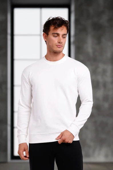 Wenders Relax Fit Basic Fırçalı Interlok Bisiklet Yaka Erkek Sweatshirt - Beyaz - Resim 7