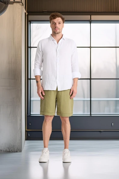 Hafif ve Rahat Duble Paça Müslin Erkek Şort - Açık Haki - Resim 3