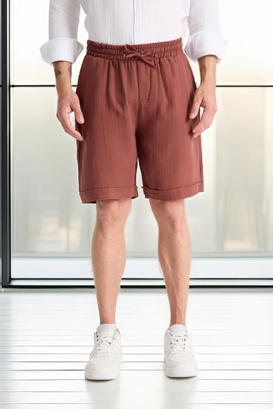 Hafif ve Rahat Duble Paça Müslin Erkek Şort - Kiremit ürün görseli 1