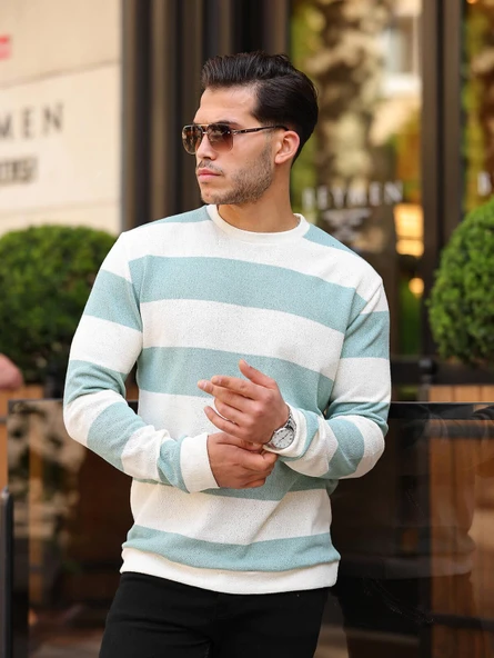 Yatay Şerit Çizgi Triko Kazak - Su Yeşili ürün görseli 1