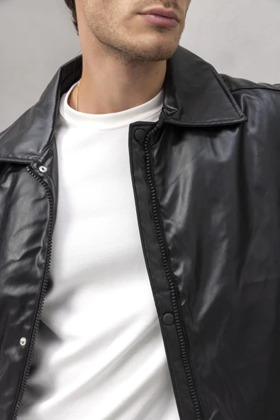 Burton Kolları Garnili Çıtçıtlı Fermuarlı Deri Görünümlü Erkek Ceket - Bordo Siyah - Resim 3