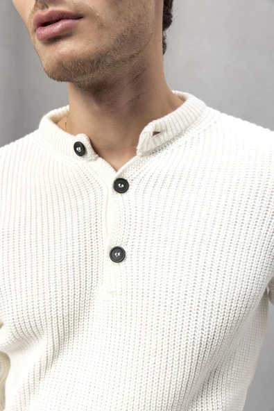 Wes Selanik Örgü 3 Düğmeli Yarım Pat Rahat Kalıp Erkek Triko Kazak - Ekru - Resim 3