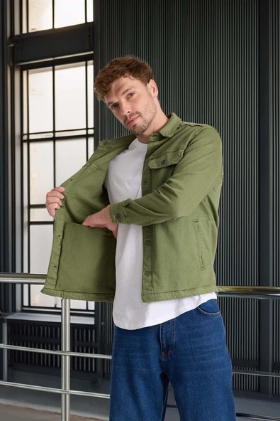 Brad Gabardin Kumaş Yan Cepli Erkek Kot Ceket - Haki - Resim 4