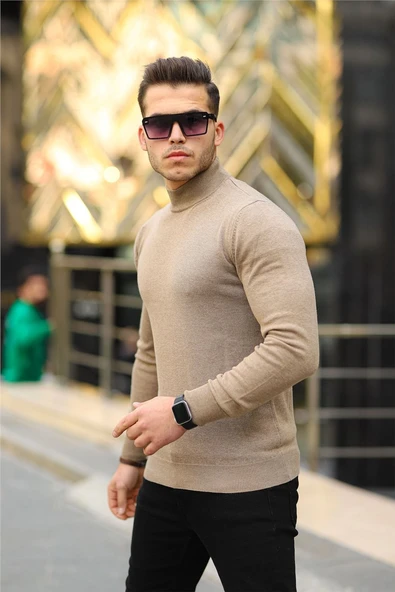 Reglan Kol Yarım Balıkçı İnce Kazak - Vizon - Resim 2