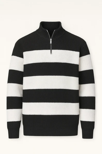 Pedro Oversize Çizgili Selanik Örgülü Yarım Fermuar Triko Erkek Kazak - Siyah ürün görseli
