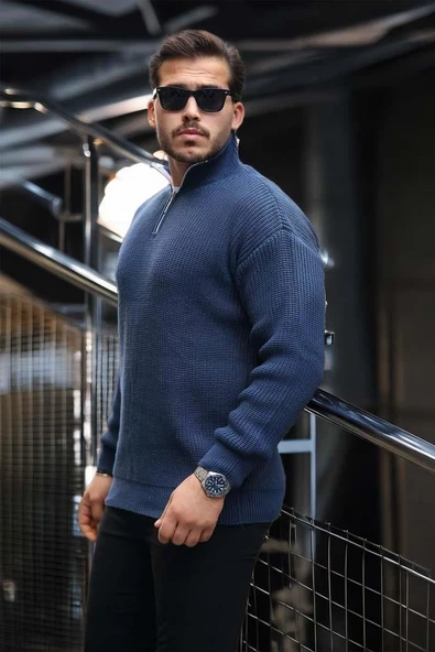 Nolan Oversize Selanik Örgü Yarım Fermuar Erkek Triko Kazak - İndigo - Resim 4