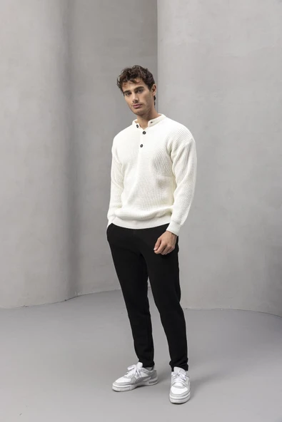 Wes Selanik Örgü 3 Düğmeli Yarım Pat Rahat Kalıp Erkek Triko Kazak - Ekru - Resim 7