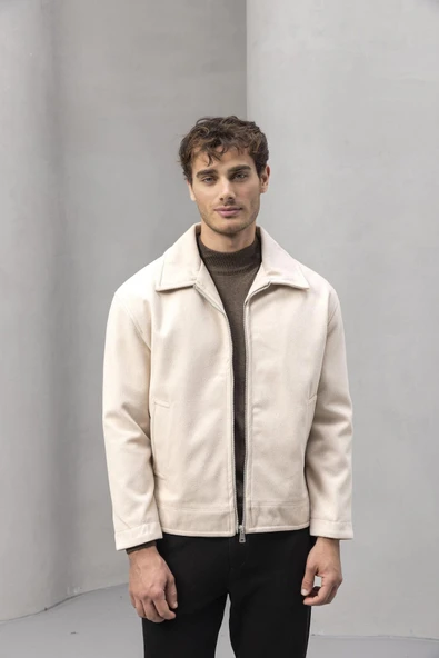 Kaşe Kumaş Fileto Cepli Fermuarlı Erkek Ceket - Taş - 2