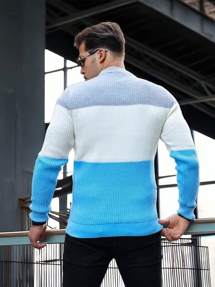 Parça Desen Bisiklet Yaka Erkek Kazak - Mavi - Resim 5