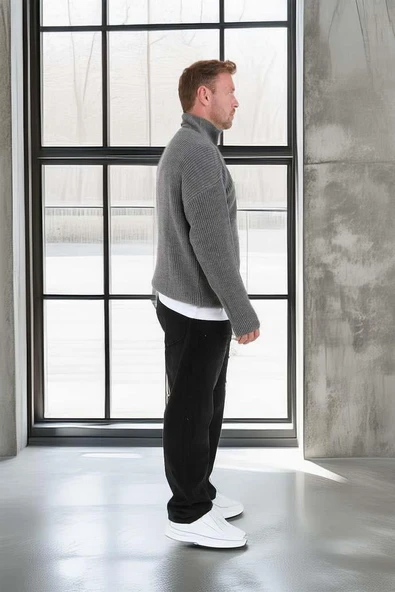 Nolan Oversize Selanik Örgü Yarım Fermuar Erkek Triko Kazak - Füme - Resim 5