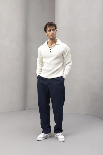 Oversize Selanik Örgü 4 Düğmeli Yarım Pat Rahat Kalıp Erkek Triko Kazak - Ekru - 5