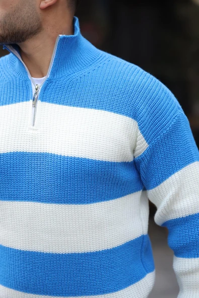 Pedro Oversize Çizgili Selanik Örgülü Yarım Fermuar Triko Erkek Kazak - Mavi - Resim 4