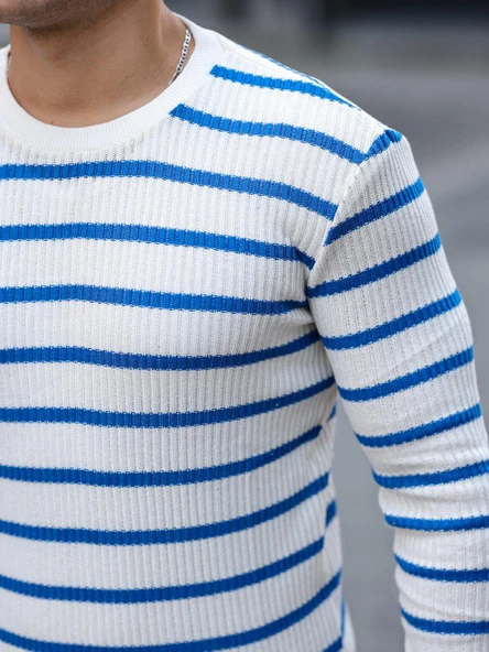 Yatay Şeritli Bisiklet Yaka Kazak - Mavi - Resim 5