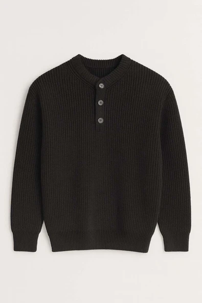 Wes Selanik Örgü 3 Düğmeli Yarım Pat Rahat Kalıp Erkek Triko Kazak - Siyah ürün görseli