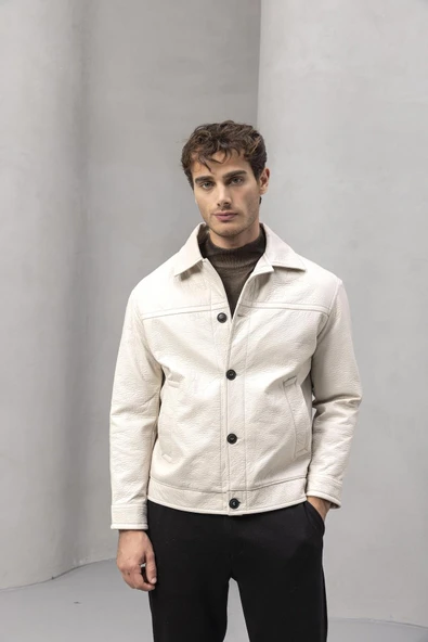 Denzel Düğmeli Yan Cepli Deri Görünümlü Erkek Ceket - Bej ürün görseli 1