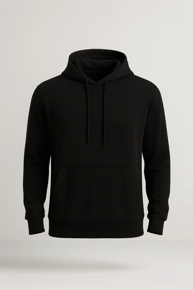 Luc Oversize Basic Dalgıç Kumaş Viskon Kapüşonlu Cepli Sweatshirt Hoodie - Siyah ürün görseli 1