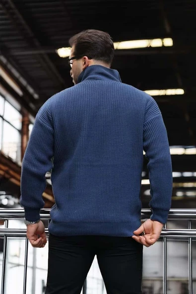Nolan Oversize Selanik Örgü Yarım Fermuar Erkek Triko Kazak - İndigo - Resim 6