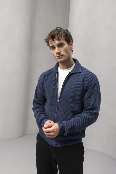 Coppola Selanik Örgü Polo Yaka Cepli Fermuarlı Rahat Kalıp Erkek Triko Hırka - İndigo - Resim 2