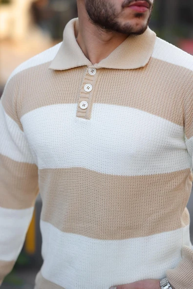 Düğmeli Polo Yaka Yarım Oversize  Çizgili Triko Kazak - Bej - Resim 4