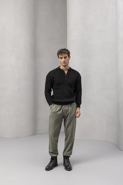 Wes Selanik Örgü 3 Düğmeli Yarım Pat Rahat Kalıp Erkek Triko Kazak - Siyah - Resim 5