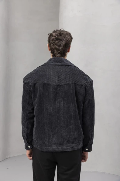 Dreyer Fitilli Kadife Kumaş Fileto Cepli Fermuarlı Erkek Ceket - Siyah - Resim 7