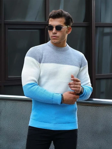 Parça Desen Bisiklet Yaka Erkek Kazak - Mavi - Resim 2