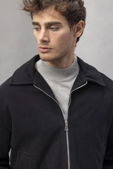 Kaşe Kumaş Fileto Cepli Fermuarlı Erkek Ceket - Siyah - 4