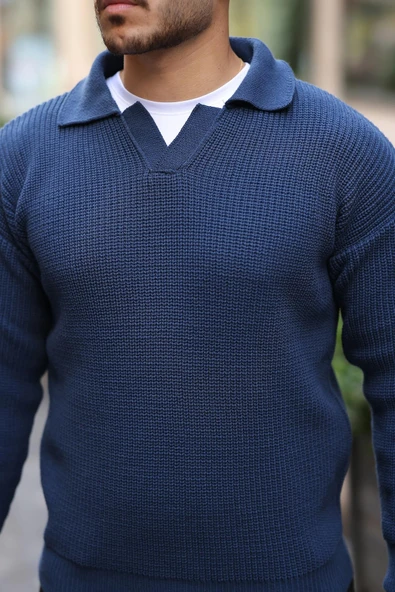 Joris Oversize Gömlek Polo Yaka Selanik Örgülü Erkek Triko Kazak - İndigo - 4