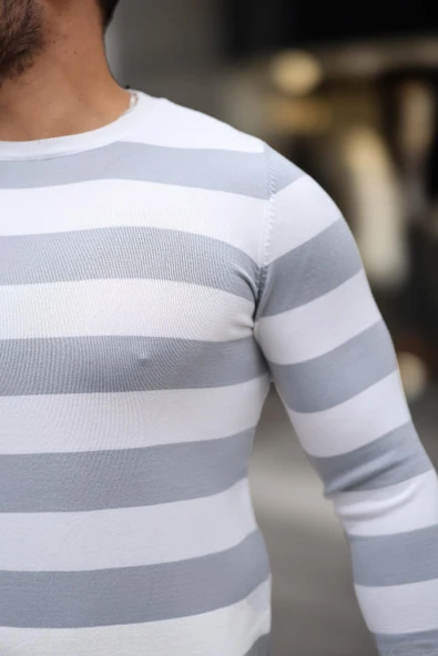 Örme Çizgili Bisiklet Yaka İnce Triko Erkek Kazak - Gri - Resim 2