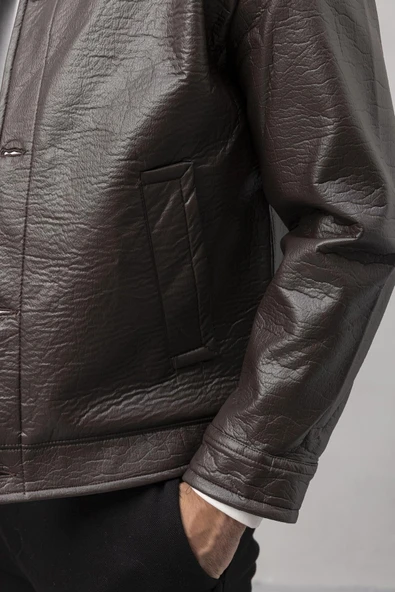 Denzel Düğmeli Yan Cepli Deri Görünümlü Erkek Ceket - Kahve - Resim 5