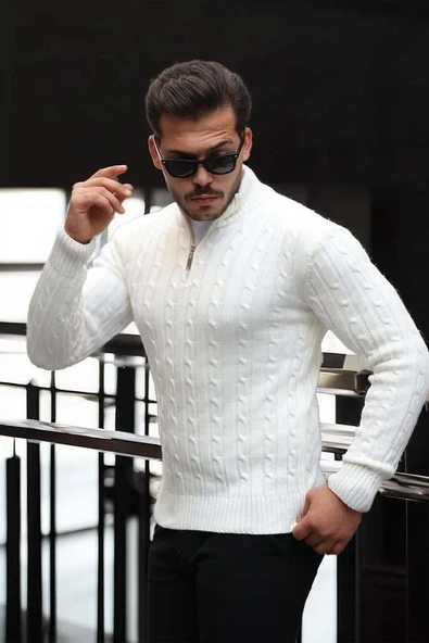 Bardem Saç Örgülü Yarım Fermuar Erkek Triko Kazak - Ekru - Resim 5