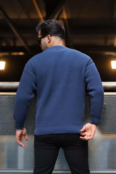 Pilar Oversize Selanik Örgülü Bisiklet Yaka Erkek Kazak - İndigo - 6