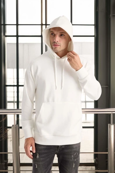 Luc Oversize Basic Dalgıç Kumaş Viskon Kapüşonlu Cepli Sweatshirt Hoodie - Ekru - Resim 7