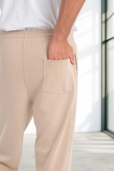 Scuba Modal Kumaş Relaxed Fit Erkek Eşofman Altı Pantolon - Bej - Resim 5