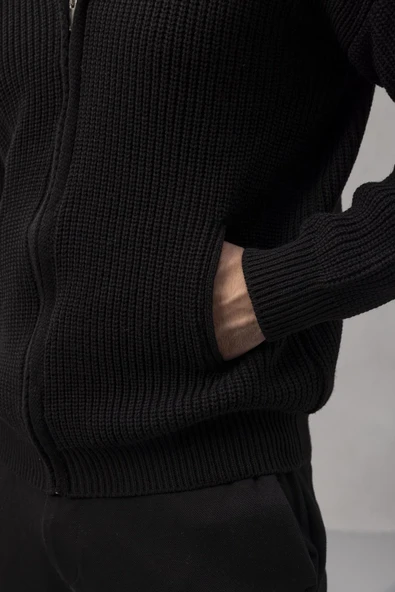 Coppola Selanik Örgü Polo Yaka Cepli Fermuarlı Rahat Kalıp Erkek Triko Hırka - Siyah - Resim 3