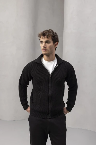 Coppola Selanik Örgü Polo Yaka Cepli Fermuarlı Rahat Kalıp Erkek Triko Hırka - Siyah - Resim 6