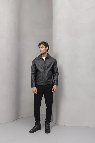 Denzel Düğmeli Yan Cepli Deri Görünümlü Erkek Ceket - Siyah - Resim 4