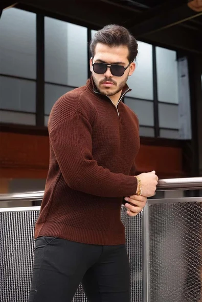 Nolan Oversize Selanik Örgü Yarım Fermuar Erkek Triko Kazak - Kahve - Resim 5