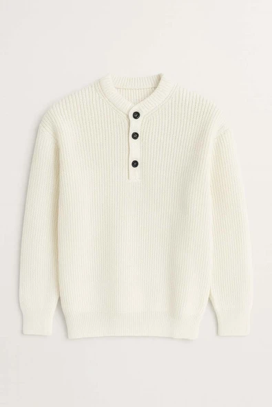 Wes Selanik Örgü 3 Düğmeli Yarım Pat Rahat Kalıp Erkek Triko Kazak - Ekru ürün görseli