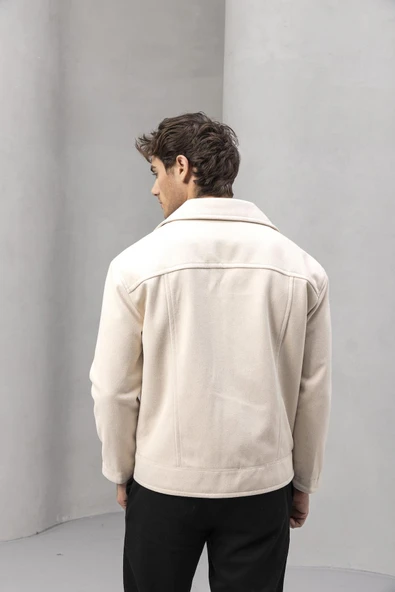 Kaşe Kumaş Fileto Cepli Fermuarlı Erkek Ceket - Taş - 7