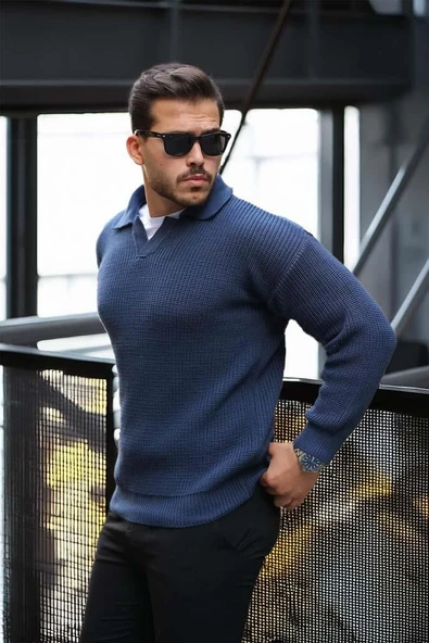 Joris Oversize Gömlek Polo Yaka Selanik Örgülü Erkek Triko Kazak - İndigo - 5