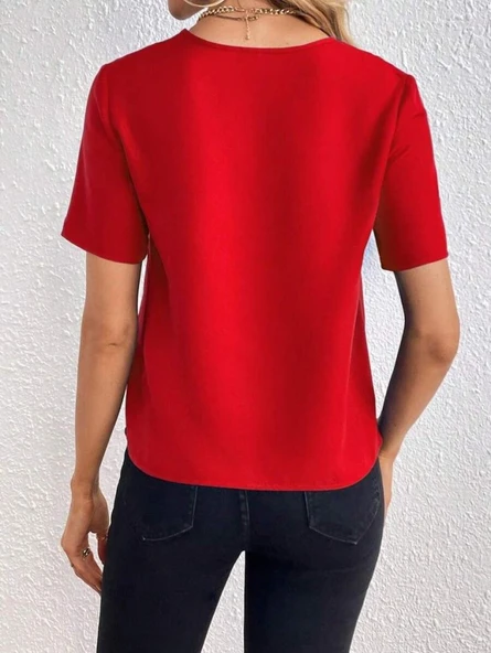 Kadın Kısa Kollu V Yakalı Ithal Krep Elbise - Resim 4